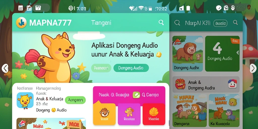 Antarmuka aplikasi MAPNA777 yang ramah anak dengan berbagai pilihan dongeng audio.