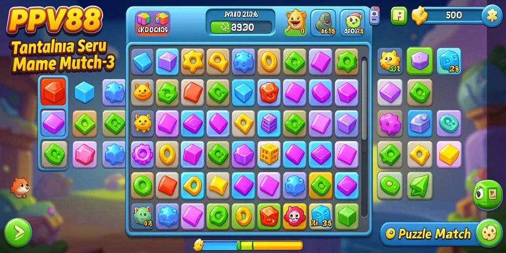 Tampilan antarmuka seru dan menarik dari PPV88 yang menampilkan permainan Puzzle Match-3.